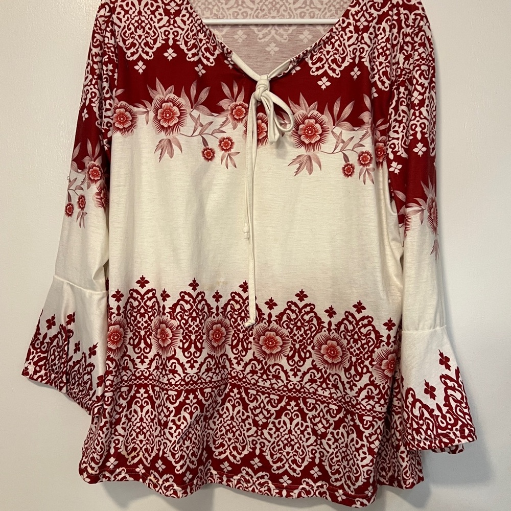 White and Red Peplum Tunic with Bell Sleeves and Tie Front